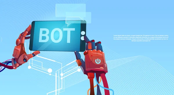 Mani di bot chat utilizzando lo Smart Phone cellulare, l'assistenza virtuale robot del sito Web o delle applicazioni mobili, concetto di intelligenza artificiale — Vettoriale Stock