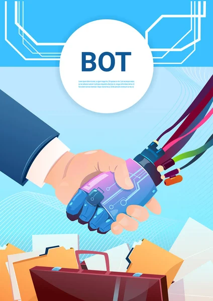 Chat Bot poignée de main avec les gens Robot assistance virtuelle de site Web ou d'applications mobiles, concept d'intelligence artificielle — Image vectorielle