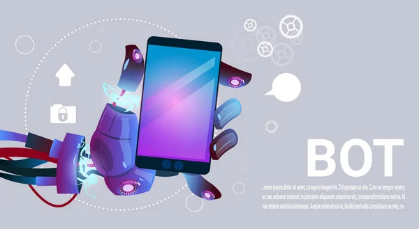 Чат Бот руки за допомогою стільникового смартфона, віртуальна допомога роботів веб-сайту або мобільних додатків, концепція штучного інтелекту — стоковий вектор