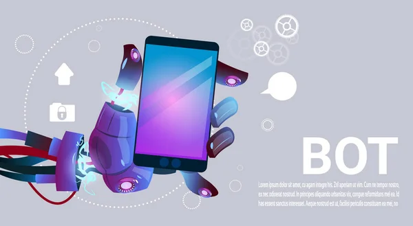 Chat Bot Hands Dengan Ponsel Smart Phone, Robot Virtual Assistance Of Website atau Mobile Applications, Artificial Intelligence Concept - Stok Vektor