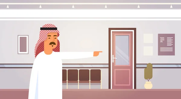 Arab Business Man Point Finger On Doors Entrepreneur In Modern Office — Stock Vector