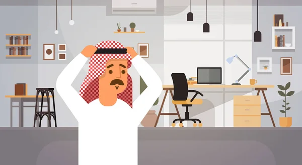 Arabska interesach człowiek trzyma głowę Problem pojęcie przedsiębiorcy w nowoczesnym biurze — Wektor stockowy