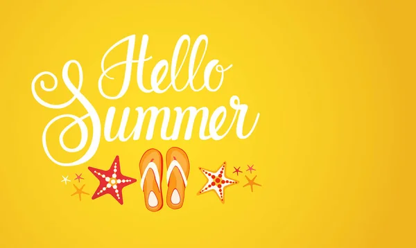 Γεια σας καλοκαίρι κείμενο Banner αφηρημένη κίτρινο φόντο — Διανυσματικό Αρχείο
