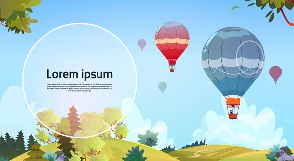 Kleurrijke lucht ballonnen vliegen In de lucht Over zomer landschap — Stockvector