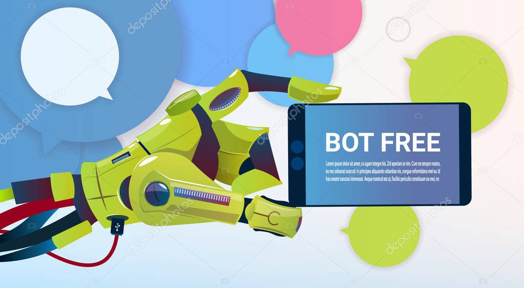 Chat Bot Hands Using Cell Smart Phone, Robot Virtual Assistance Of Website Or Mobile Applications, Artificial Intelligence Concept