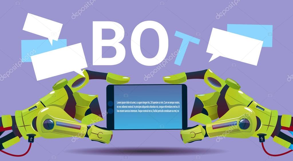 Chat Bot Hands Using Cell Smart Phone, Robot Virtual Assistance Of Website Or Mobile Applications, Artificial Intelligence Concept
