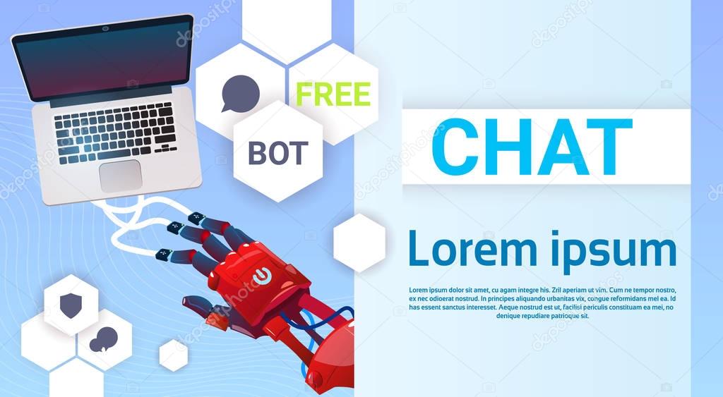 Chat Bot Hands Using Laptop Computer, Robot Virtual Assistance Of Website Or Mobile Applications, Artificial Intelligence Concept