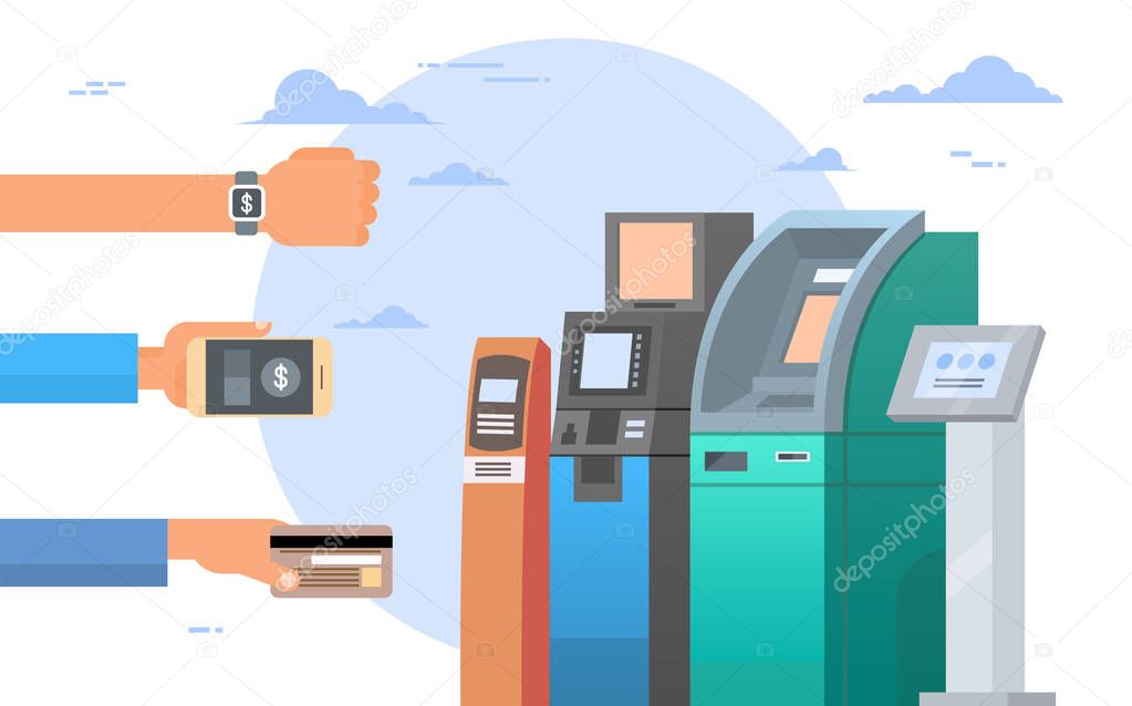 Hands Holding Credit Card And Cell Smart Phones Atm Terminal Machine Mobile Payment Concept