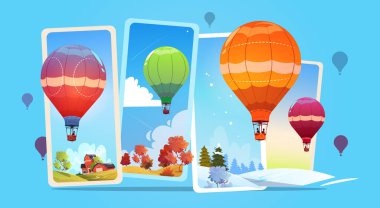 Yaz ve kış kar manzara üzerinde gökyüzünde uçan renkli hava balonları