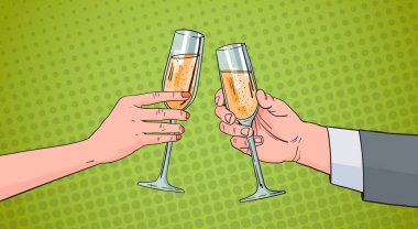 Couple Hands Clinking Glass Of Champagne Wine Toasting Pop Art Retro Pin Up Background clipart