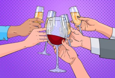 Eller grup tungur bardak şampanya ve kırmızı şarap Toasting Pop Art Retro PIN kadar arka plan