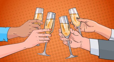 Hands Group Clinking Glass Of Champagne Wine Toasting Pop Art Retro Pin Up Background clipart
