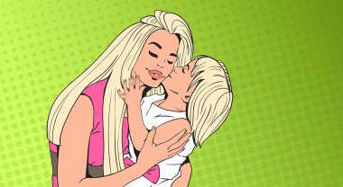 Küçük kız öpücük kadın, anne ile kızı Pop Art Retro PIN kadar arka plan üzerinde