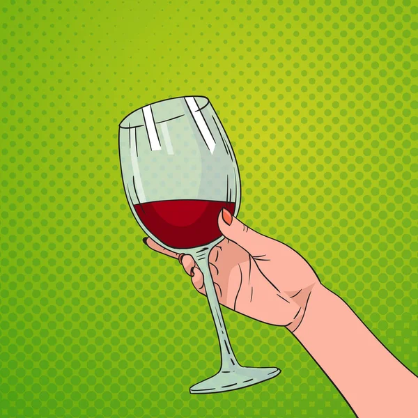 Mano sosteniendo la copa de vino tinto Pop Art Retro Pin Up fondo — Vector de stock