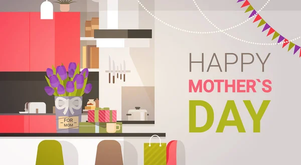 Glücklicher Muttertag, Familie Küche Interieur, Frühling Urlaub Grußkarte Banner — Stockvektor