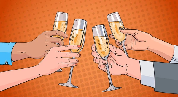 Rukou skupiny cinkání sklenice šampaňského vína opékání Retro Pin Pop-Art se pozadí — Stockový vektor