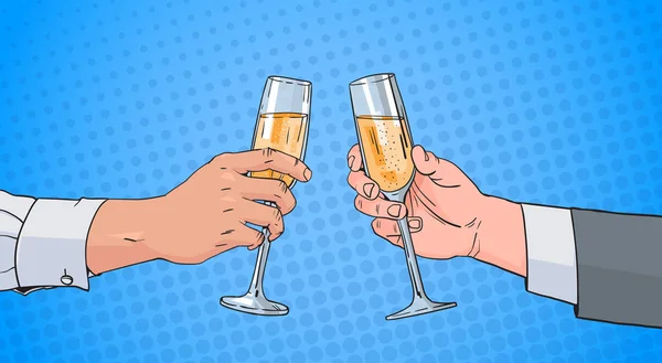 Mužský pár ruce cinkání Sklenka šampaňského vína opékání Retro Pin Pop-Art se pozadí — Stockový vektor