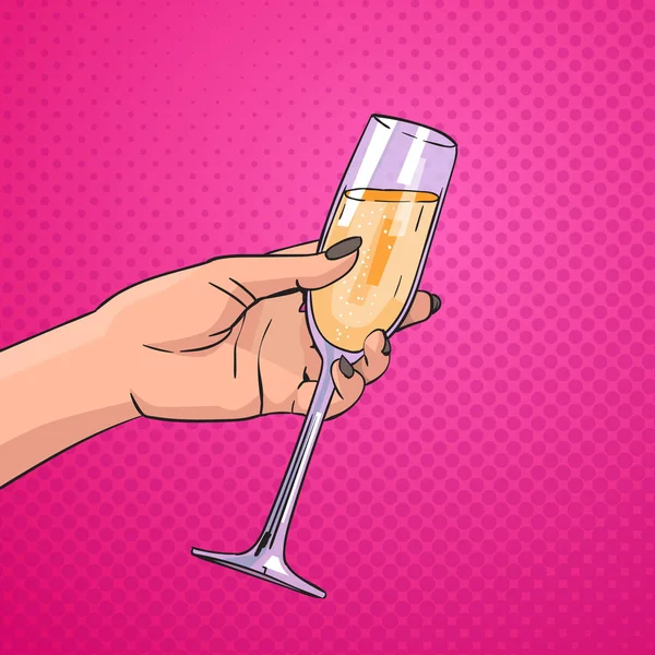背景までグラス シャンパン ワイン ポップアート レトロなピンを持っている女性の手 — ストックベクタ
