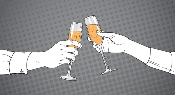 Skizzierte Paar Hände klirren Glas Champagner Toasten Pop-Art-Retro-Pin-up Hintergrund — Stockvektor
