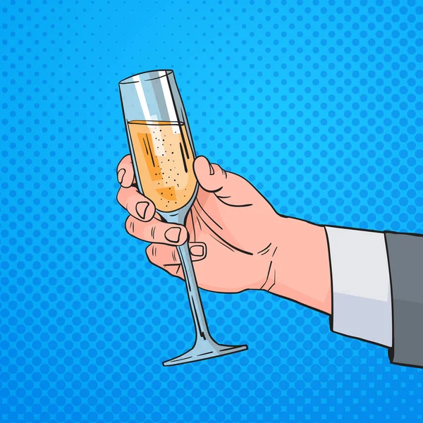 Hombre mano celebración copa champán vino pop arte retro pin up fondo — Vector de stock