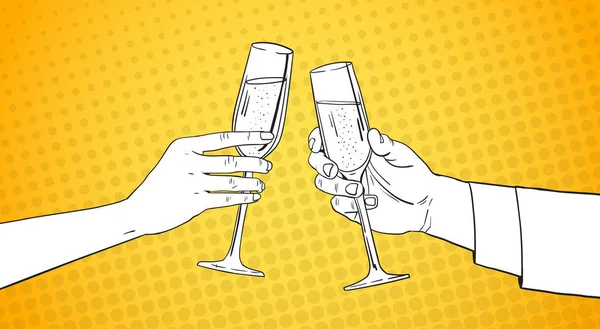 Sketched Couple Hands Clinking Glass Of Champagne Wine Toasting Pop Art Retro Pin Up Background Stok Vektor Bebas Royalti
