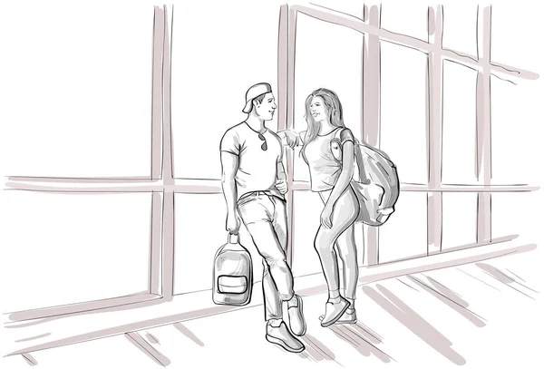 Esboço casal no aeroporto Lounge esperando partida voo homem e mulher férias viagem — Vetor de Stock