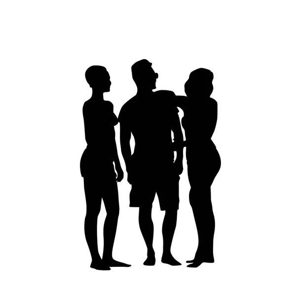 Homem silhueta de pé com duas mulheres de comprimento total sobre fundo branco — Vetor de Stock