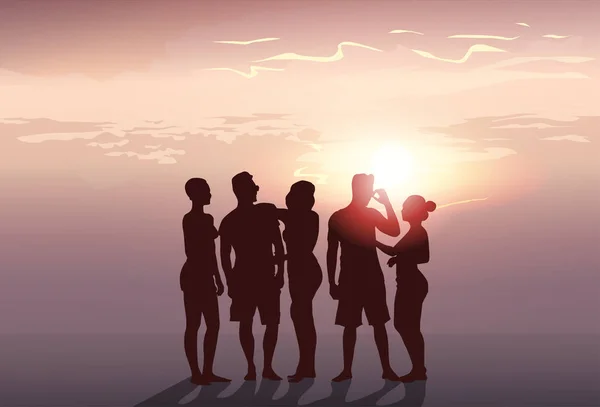 Silueta skupinové stojan muž a žena celé délce nad slunce pozadí — Stockový vektor