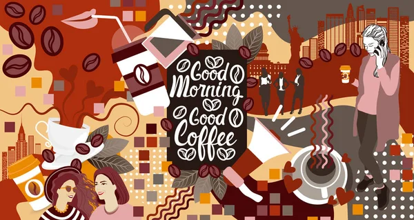 커피 컵 배경 위에 두 여자 휴식 아침 식사 음료 — 스톡 벡터
