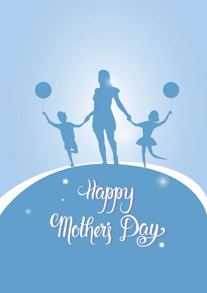 Happy Mother Day, Silhouette Mom Holding Children Hands, Spring Holiday Greeting Card Banner