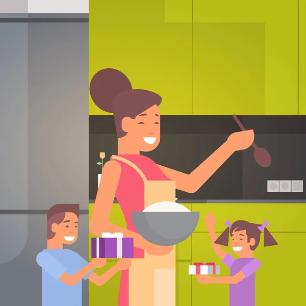 Ευτυχισμένη μαμά χαμογελώντας με τα παιδιά στην Ημέρα Μητέρας χαιρετισμό κουζίνα, άνοιξη Ενοικιαζόμενα — Διανυσματικό Αρχείο