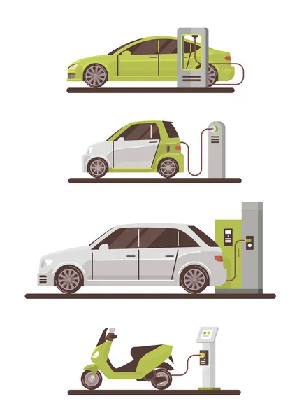 电动汽车和摩托车在充电站生态友好的车辆设置 — 图库矢量图片