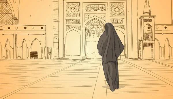 阿拉伯女人来到清真寺建筑穆斯林斋月贾巴尔圣月 — 图库矢量图片