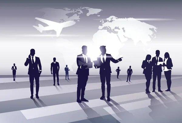 Business Team Silhouette Grupo de Empresários Recursos Humanos sobre World Map Trip Flight Concept — Vetor de Stock