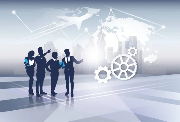 Business Team Silhouette Businesspeople Group Ressources Humaines sur Carte du Monde Trip Flight Concept — Image vectorielle