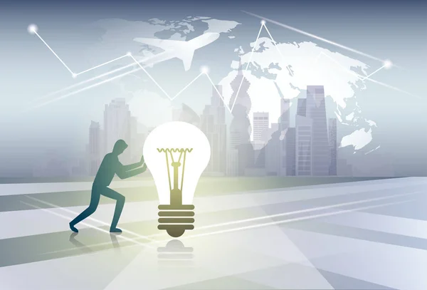 Silhouette Business Man Spingere lampadina Nuova idea Concetto sulla mappa del mondo sfondo — Vettoriale Stock