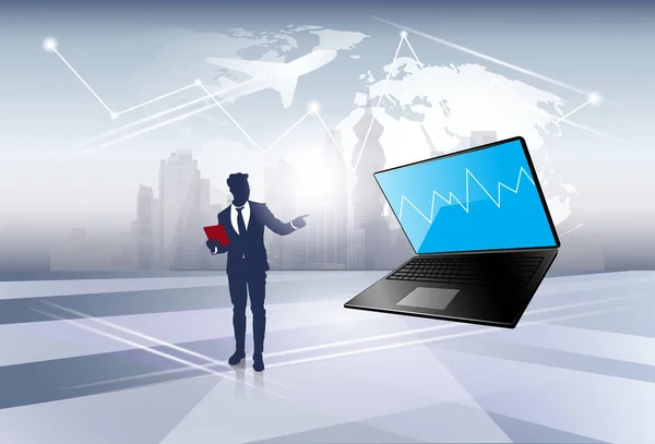 Silhouette Business Man punkt på Laptop dator sociala nätverkskommunikation — Stock vektor
