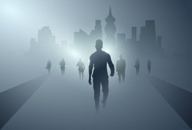 İş insanlar grup siluet yapımı adım ileri tam uzunluğu üzerinde gölge şehir arka plan