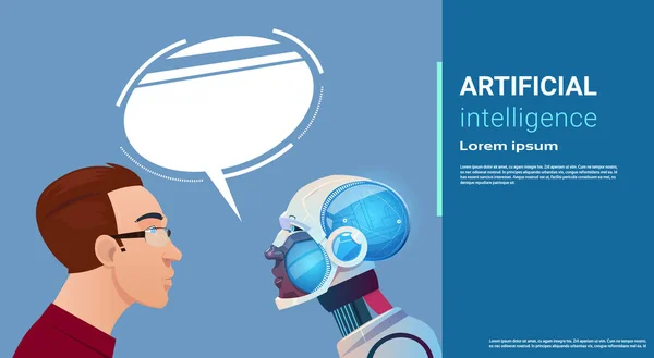 Comunicação artificial do homem da inteligência com tecnologia moderna do cérebro do robô —  Vetores de Stock