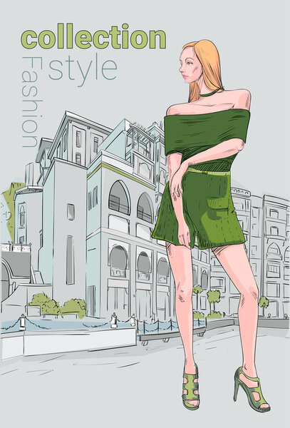 Fashion Collection Style Model Girl Wear Elegant Dress In Street Sketch