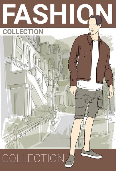 Moda Coleção Estilo Modelo Masculino Usar Roupas Elegantes Em Street Sketch — Vetor de Stock