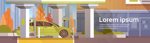 Электрический автомобиль на зарядной станции экологически чистые транспортные средства в городе — стоковый вектор