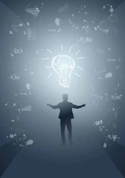 Homme d'affaires Silhouette Ampoule Nouvelle idée Concept d'innovation — Image vectorielle