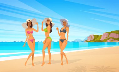 Üç kadın plajda bikinili seksi kızlar yaz deniz tatil şapka