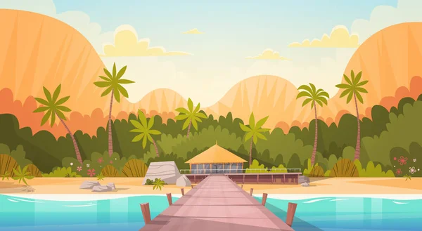 Plage tropicale avec paysage de maison de bungalow d'eau, concept de vacances de voyage d'été — Image vectorielle