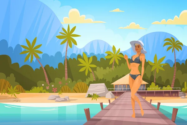Donna in bikini sulla spiaggia sopra la casa del bungalow, ragazza sexy indossa cappello durante le vacanze estive al mare — Vettoriale Stock