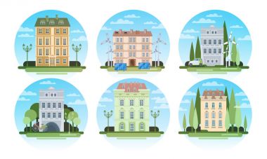 Modern ev binalar Rüzgar Türbini ve güneş panelleri Eko koleksiyonu Emlak enerji verimli ayarla