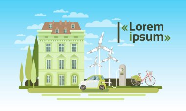 Rüzgar Türbini ve elektrikli otomobil Eko gayrimenkul enerji verimliliği ile konut yapı
