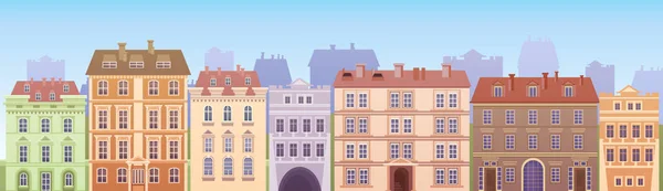Maisons de bande dessinée Bâtiments Vue sur la vieille ville Bannière Skyline — Image vectorielle