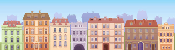 Cartoon Houses Buildings Old Town View Banner Skyline